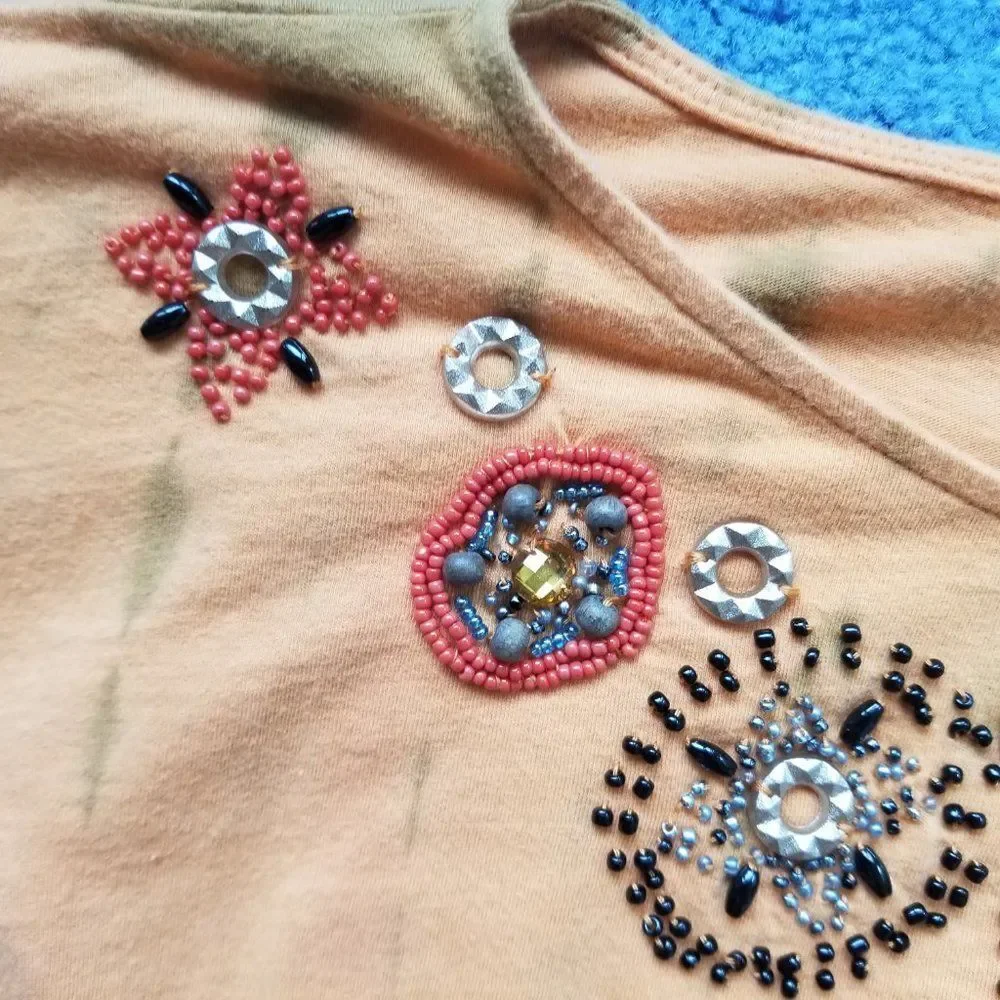 Dressbarn Indie Tangerine Tie-Die Tee Short Sleeves with Beaded Embellishments